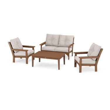 POLYWOOD Vineyard 4-Piece Deep Seating Set w/ 2 Club Chairs - Teak / Dune Burlap